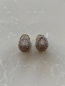 NEW 10K Yellow Gold 1 CTW Diamond Cluster Stud Earrings Pear Drop Lever Back - Picture 1 of 7