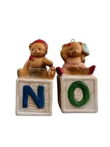 Vintage Noel Bear Figurines On Blocks Christmas Ornaments Set Of 2 Porcelain a - Picture 1 of 9