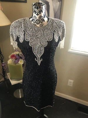 VTG 80s SCALA Silk Beaded Pearl Fringe  Dress Sz. Large EUC/STUNNING - Image 1 of 4