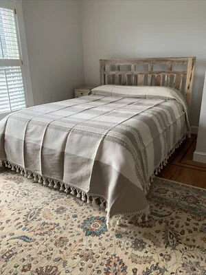 Hand loom Queen Size Cotton Bedspread From Oaxaca Mexico. Size 97” W  X 107” L - Image 1 of 4