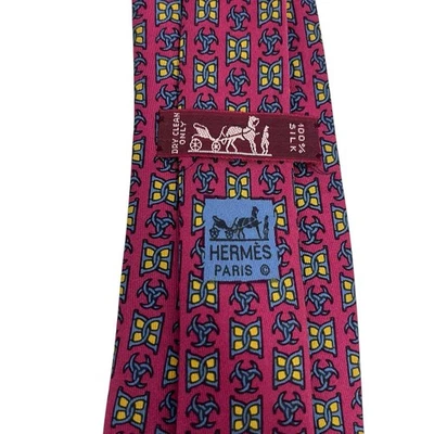 Corbata para hombre Hermes geométrica roja/pizarra satinada seda 7011 TA 3" (W) x 56" (L) guc Foto 1 de 4