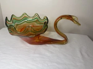 Hand Blown Glass Murano Style Swan Dish Bowl Swirled Orange/ Green - Picture 1 of 7