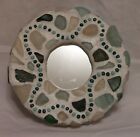 Small Handmade Green & White Sea Glass & Bead Mirror. All recycled.