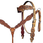 Western Horse Headstall Breast Collar Reins Set Leather Floral Tooled Handmade