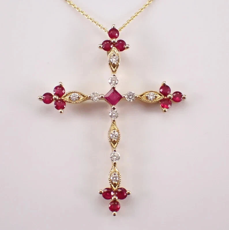 2CT Round Cut Lab-Created Pink Ruby Women Cross Pendant 14K Yellow Gold Plated - Image 1 of 4