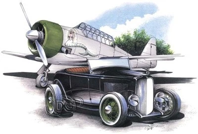 Classic Car T Shirt (MEDIUM) '32 Ford & WWII Aircraft (Brent Gill # POS-323) - Image 1 of 2