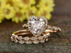 Trio Women's Bridal Ring Set 3.80Ct Created Heart Morganite 14K Rose Gold Finish - Picture 1 of 4