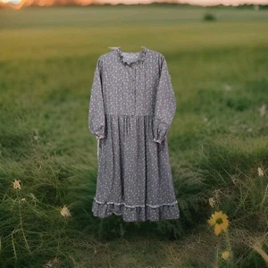 Lady Retro Sage Floral Dress Cotton Long Sleeve Midi Pastoral Mori Dress Large - Picture 1 of 14