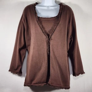 Jones New York 2-Piece Sweater Set Sz XL Signature Mocha Brown 3/4 Sleeve Fringe - Picture 1 of 24