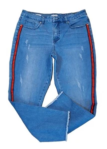 Tribal Jeans Women's sz 14 Skinny  Denim Mid Rise Stretch Red Stripe Notched Leg - Picture 1 of 14