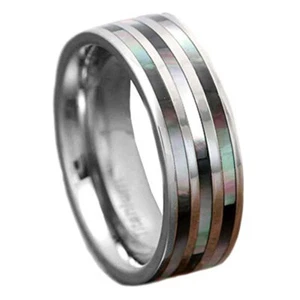Fascia di fidanzamento/fidanzamento uomo 7 mm titanio Abalone intarsio top lucido - Foto 1 di 7