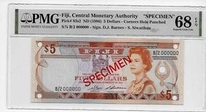 Fiji , Central Monetary Authority 1986 5 Dollars -SPECIMEN- PMG 68 UNC TOP PO - Picture 1 of 2
