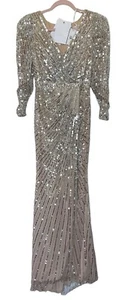 Abito vestito Mac Duggal taglia 4 venduto argento nudo paillettes perline strass $598 - Foto 1 di 14