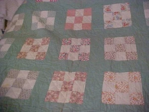 NINE  PATCH QUILT, 1940s HAND MADE Lotsa Green - Picture 1 of 6
