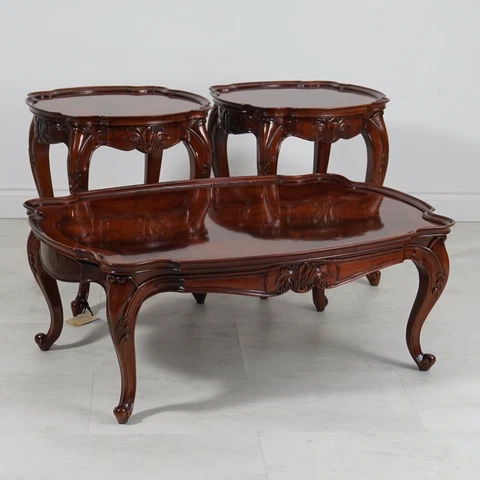 Traditional French Rectangular Coffee Table Mahogany and 2 Side tables Set Cover