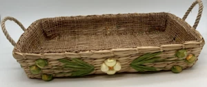 Vintage Deko Auflaufform Träger Halter 13x9 geflochten Blumen mit Griffen - Bild 1 von 14