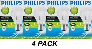4 x 70W Clear GLS Halogen Light Globes Bulbs Bayonet Cap B22 70W=100W Philips - Picture 1 of 2