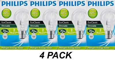 4 x 70W Clear GLS Halogen Light Globes Bulbs Bayonet Cap B22 70W=100W Philips - Image 1 of 2