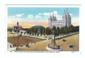 Salt Lake City Utah Temple Block Bringham Young Monument Old Vintage Postcard - Picture 1 of 2