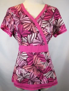 Womens KoI Scrub Top Pink White Butterflies M Medium Elastic Back - Picture 1 of 8