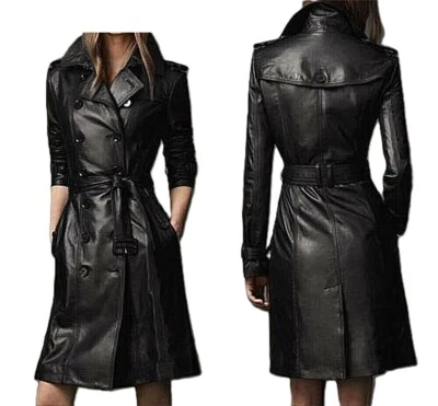New Women's Genuine Leather Pure Soft Lambskin Long Overcoat Trench Coat Jacket - Image 1 of 4