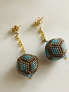 Peyote Stitch Bronze Blue Bead Beaded Gold Tone Chain Dodecagon Pierced Earrings