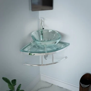 Square Corner Glass Wall Mount Bathroom Sink with Chrome Faucet and Towel Bar - Picture 1 of 9