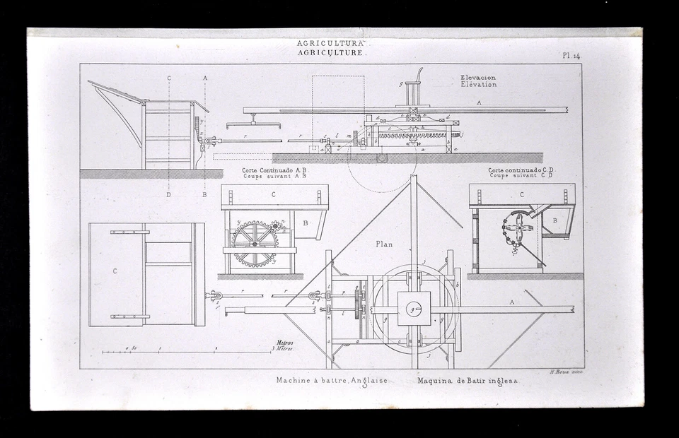 Máquina trilladora inglesa implemento agrícola impresión antigua 1859 de Didot Foto 1 de 1