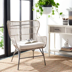 SAFAVIEH Lenu Rattan Accent Chair With Cushion | Grey White Wash / Black | - Picture 1 of 11