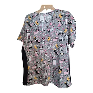 Divine Stretch Women's Scrub Top Gray Animal Print V-Neck Short Sleeve 2X NWT - Picture 1 of 7