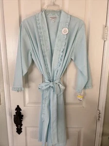 MISS ELAINE Womens Lightweight Cotton Mid Robe M~ Blue & White Stripe New Tags - Picture 1 of 9