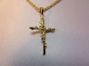 14 KT GOLD PLATED ROSE FLORAL CROSS CHARM PENDANT WITH 16"-30" ROPE CHAIN -2047