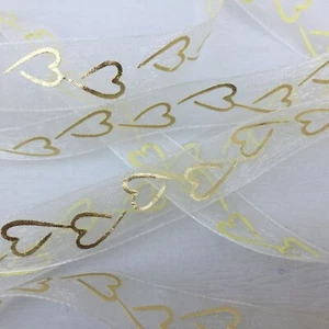 Ivory Organza Gold Hearts Ribbon Valentines Day,Bows,Present Wrap 2 Mtrs - Picture 1 of 4