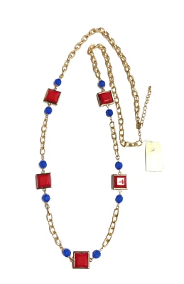 New Orion Patriotic Red & Blue Square Bezel Set Station Necklace Gold Tone 23" - Image 1 of 4
