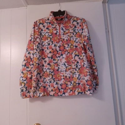 Pullover para mujer Land's End estampado floral cremallera polar naranja/azul flores. Talla S Foto 1 de 4