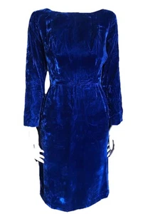 Vestido Vaina De Colección Años 60 Azul Rayón Terciopelo Cóctel Movible Manga Larga Bombshell S - Imagen 1 de 12
