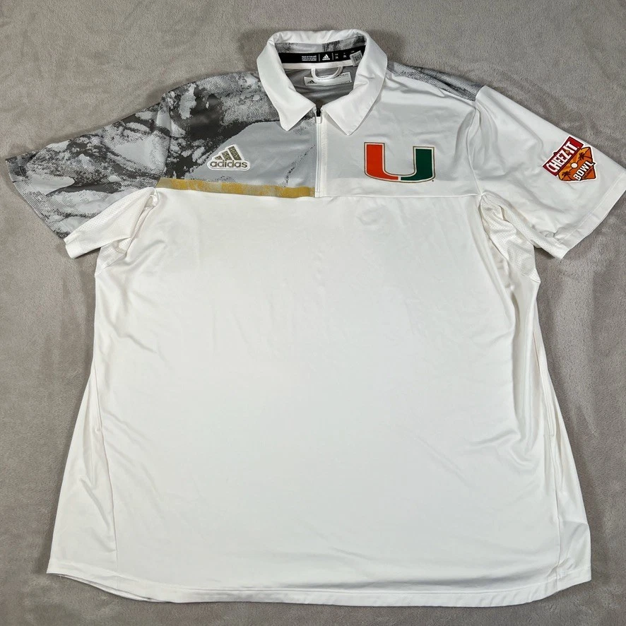 Camisa polo masculina Adidas Miami Hurricanes manga curta com zíper tamanho 2XL branca GG2897 - Imagem 1 de 4