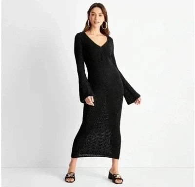 Vestido Future Collective Jenny Lopez XL Negro Midi Punto Abierto Manga Ancha Cuello en V Foto 1 de 4