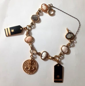 Vintage Kamee Bettelarmband mit 14K GOLD Marine Militär Charms + goldgefüllte Teile - Bild 1 von 9
