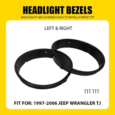 2Pc Fit Jeep Wrangler TJ Black Headlight Ring Bezels Insert Cover Trim 1997-2006 - Imagem 1 de 4