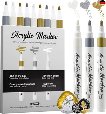 Jnyan Acrylstifte Marker, 9er Pack Acrylmarker, 2-3mm Mittelspitze, Weiß Gold