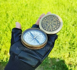 Antique Brass Compass Viking Vegvisir Engraved Compass Working Compass, Gift - Picture 1 of 6