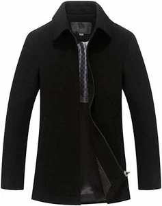 Men's Fall Solid Zip-Up Flat Collar Topcoat Wool-Blend Trench Coat Overcoat Bk M - Picture 1 of 12