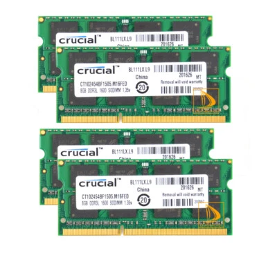 Crucial 32G 4X 8GB DDR3L RAM PC3L-12800S SODIMM Laptop Memory 1600Mhz For intel - Image 1 of 4