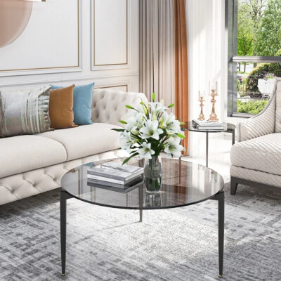 Set of 2 Stacking Round Coffee Table Tempered Glass Living RoomAccent Side Table - image 1 of 4