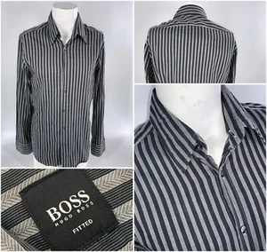 Hugo Boss Fitted Button-Up Shirt Men’s L Gray Stripe Cotton Mint YGI F3-266 - Picture 1 of 12