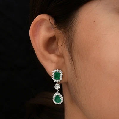 5.77 Tcw Lab Grown CVD Diamond Zambian Emerald Drop Earrings Gift 18k White Gold - Image 1 of 4