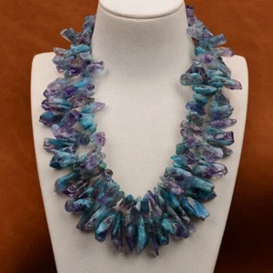 2 Rows Big Jewelry Natural Mix Color Amethyst Blue Quartz Point Crystal Necklace - Picture 1 of 6