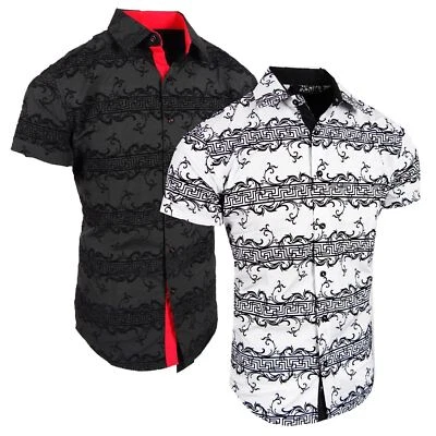 Camisa Para Hombre Manga Corta Terciopelo Negro Rayas Italianas Floral Puño Abatible Elastizada Foto 1 de 4