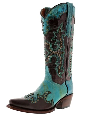 Botas occidentales marrones para mujer media pantorrilla tachonadas cuero envejecido rodeo punta corta Foto 1 de 4